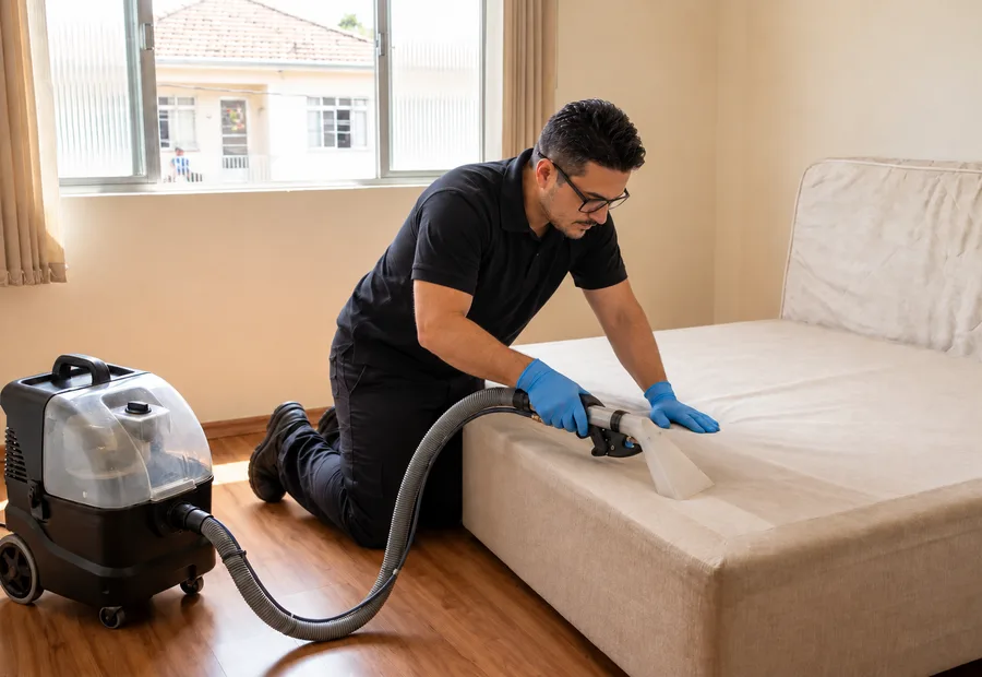 Técnico da Lava Tudo VIP limpando a base box de uma cama