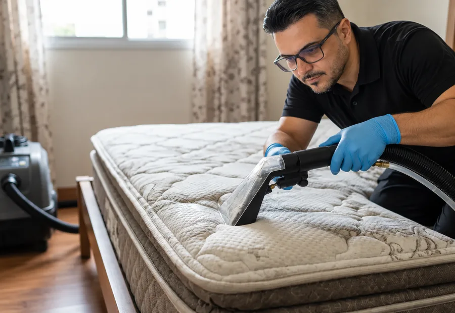 Técnico da Lava Tudo VIP limpando o pillow top de um colchão
