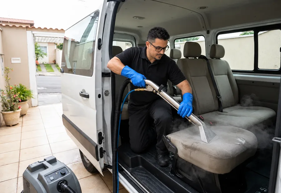 Técnico da Lava Tudo VIP higienizando o interior de uma van